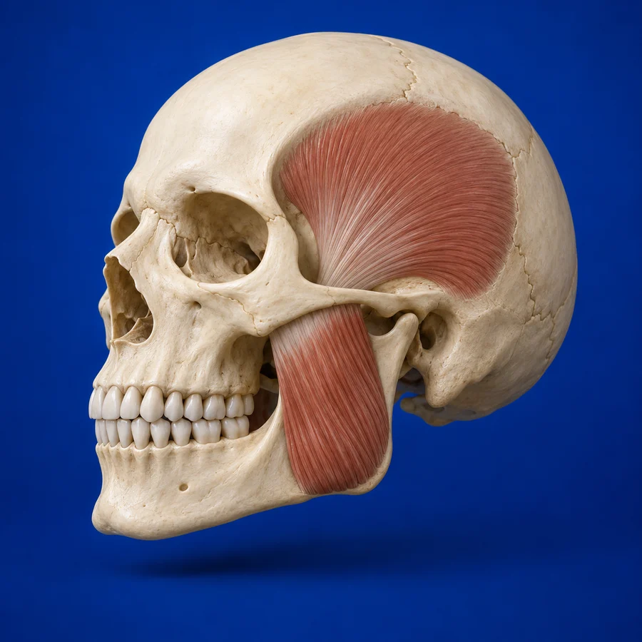 Anatomical illustration of the skull with the masseter and temporalis muscles highlighted